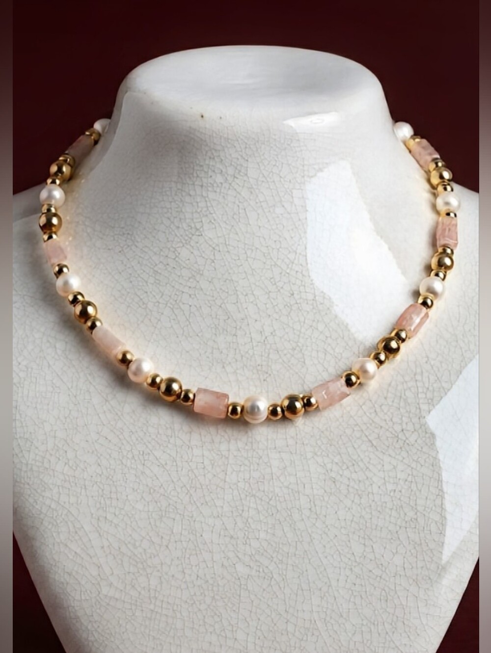Genuine Light  Morganite & Natural Pearls W/ Gold Spacers In Choker/Necklace